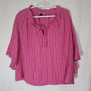 Pink Striped Linen Blend Peasant Blouse Women M Boho Cottagecore Flowy Tunic Top